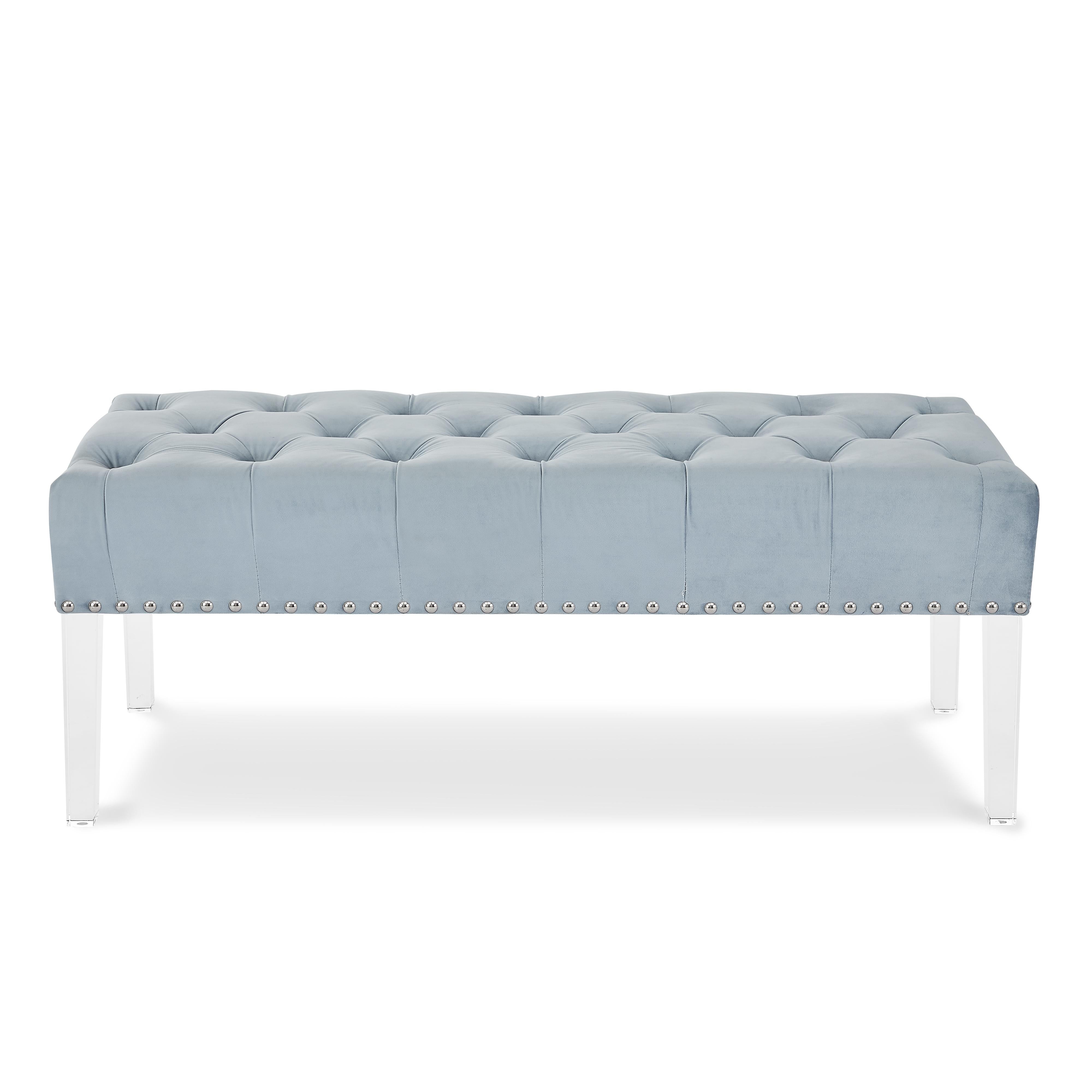 VIVIAN LIGHT BLUE VELVET BENCH WITH CRYSTAL BUTTONS