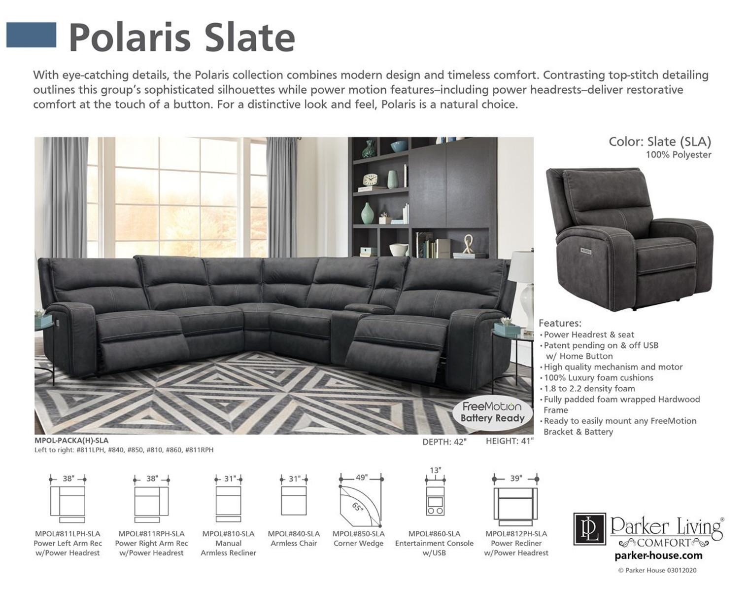 Parker House Polaris Power Left Arm Facing Recliner in Slate