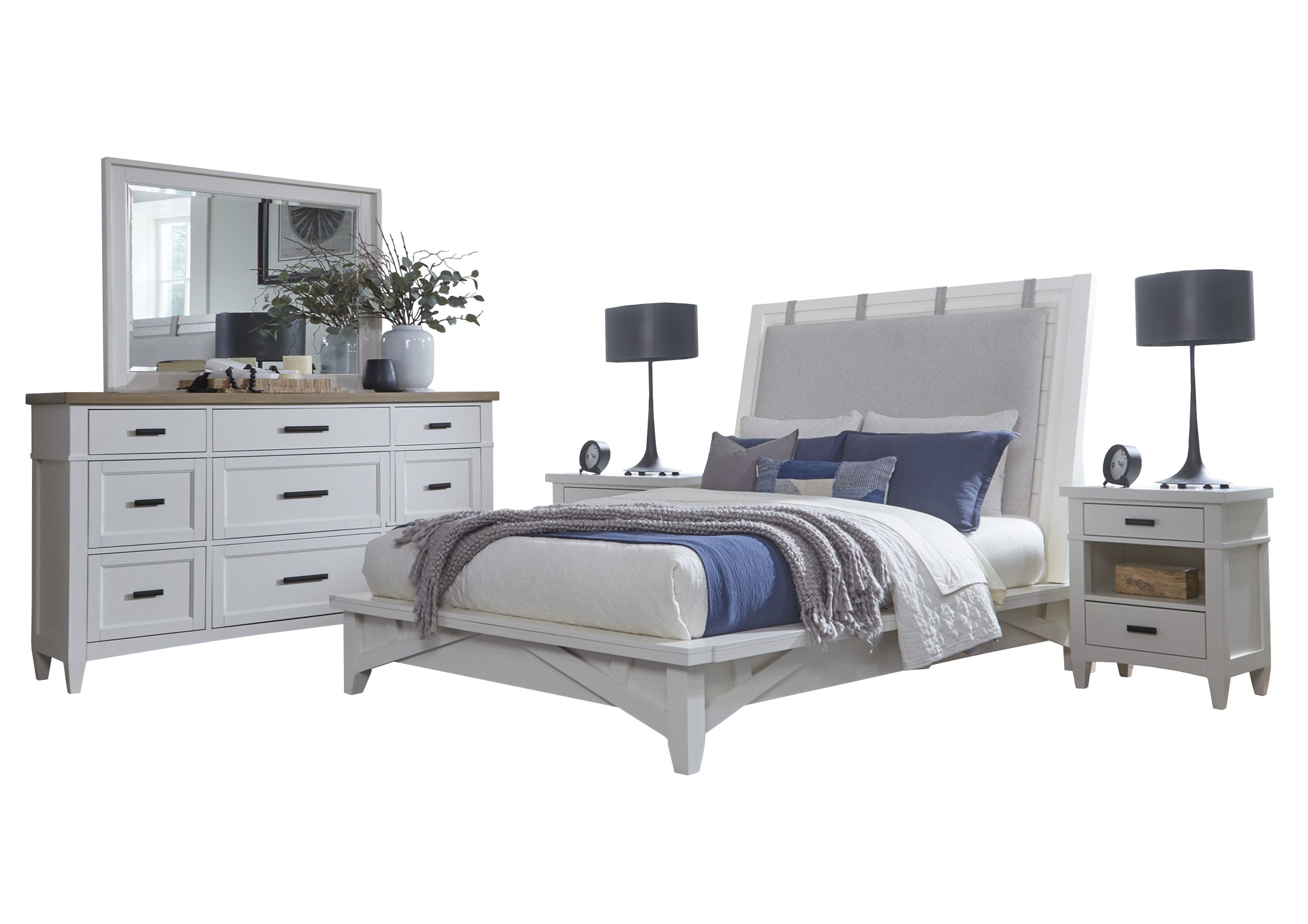 Parker House Americana Modern Bedroom Queen Platform Bed 2 Nightstands and Dresser with Mirror