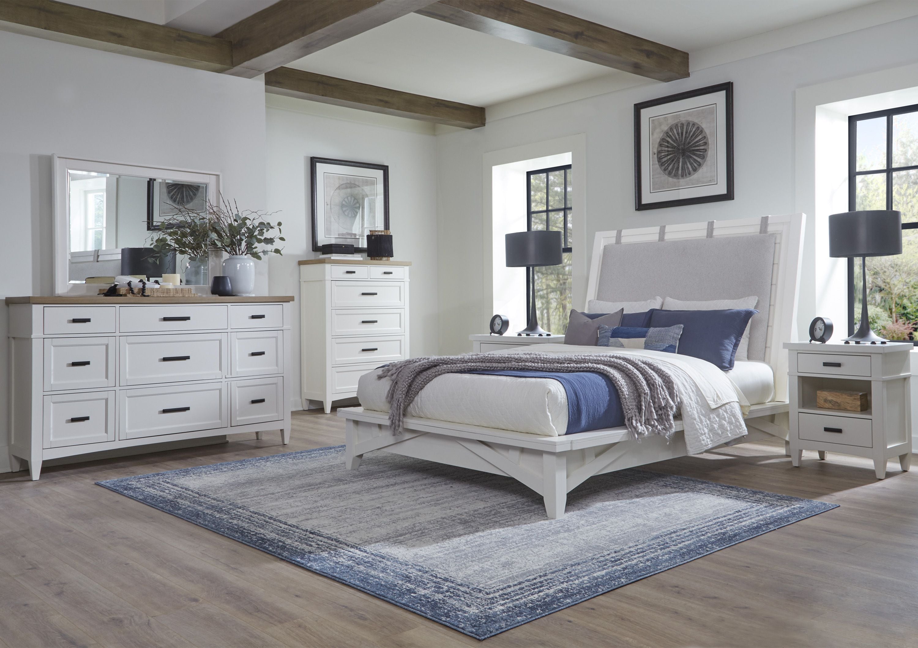 Parker House Americana Modern Bedroom Queen Platform Bed 2 Nightstands Dresser with Mirror and Chest