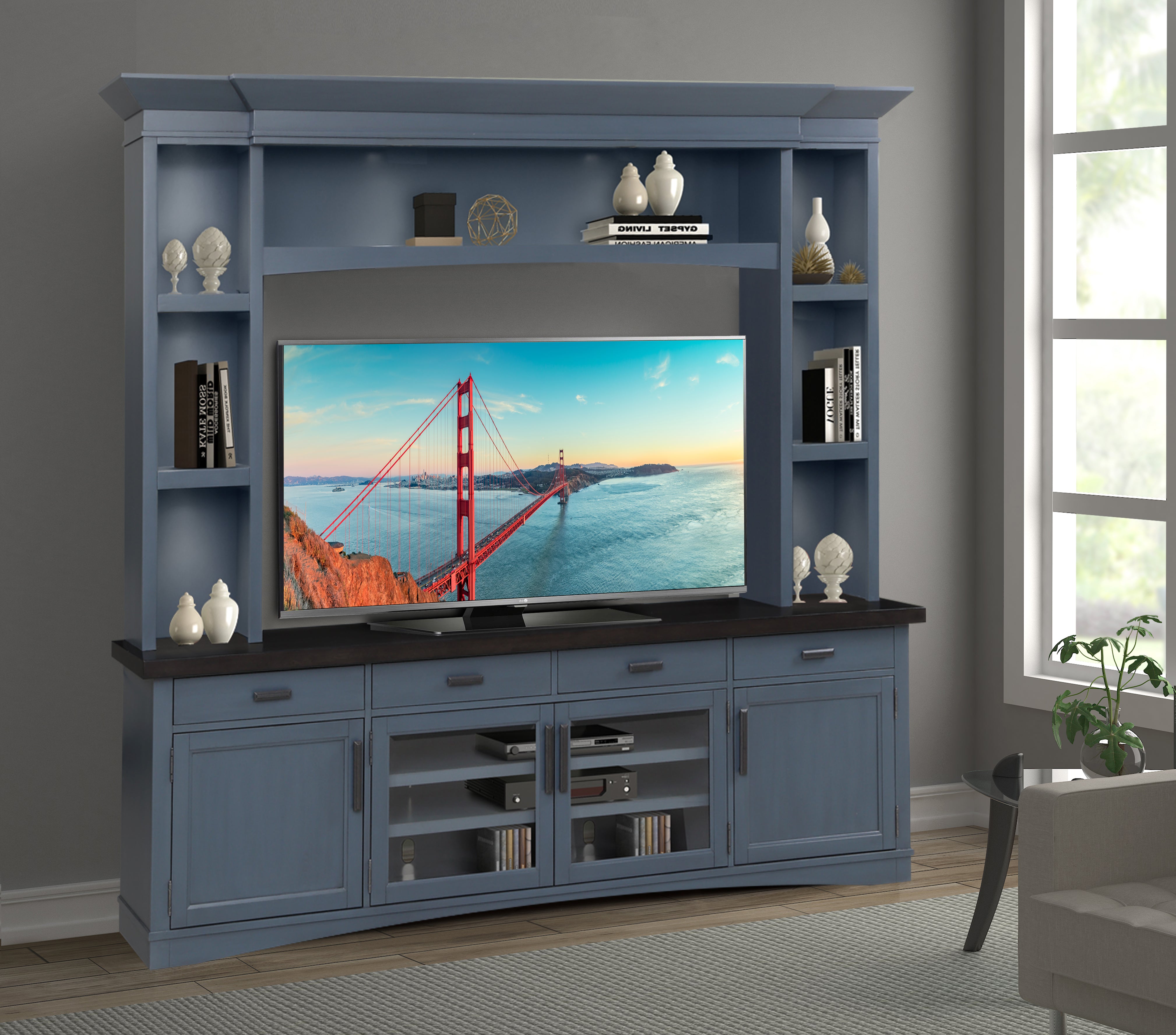 Parker House Americana Modern - Denim 92 In. TV Console with Hutch and LED Lights